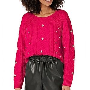 ASTR the Label Madison Embellished Cable-Knit Sweater in Pink, NEW